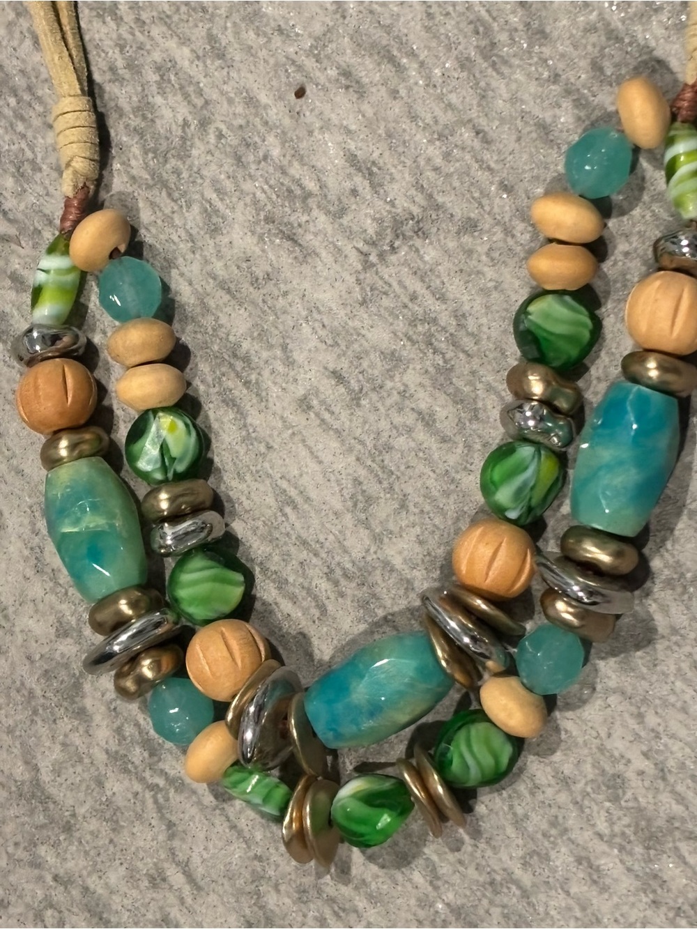 CHICO’S Multi-Strand Turquoise/Teal Green Tan Beaded Necklace Silvertone 23”